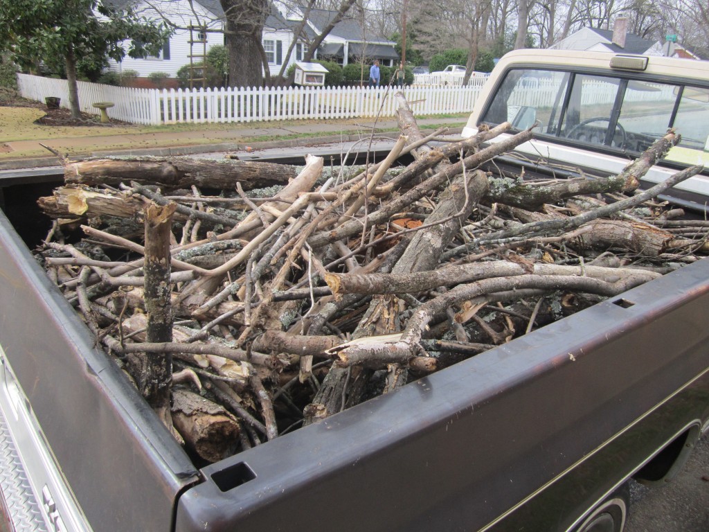 it only took me about half-an-hour to fill the back of our truck up with wood yard waste that people had piled up on the street for pickup.  Most of this will in turn be buried in our yard as part of our hugelkultur efforts.